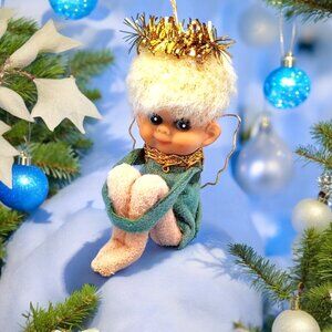 Vintage Napco Pixie Angel Knee Hugger Ornament Tulle Wings Japan 50s Green Felf